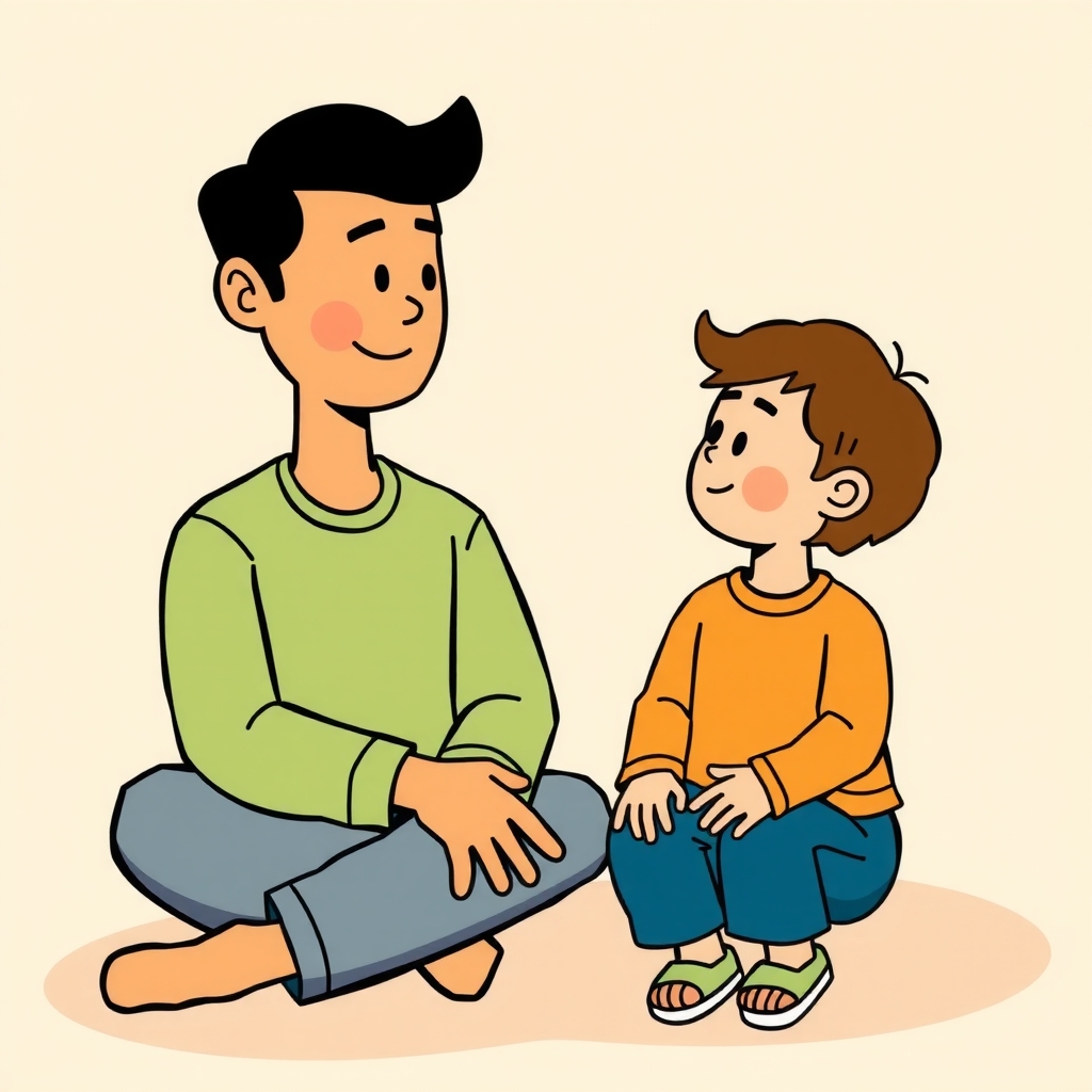Ilustración rehecha desde cero para Módulo 01 Escucha activa en familia — rasgos faciales simples, claros, sin distorsión ni borrosidad
