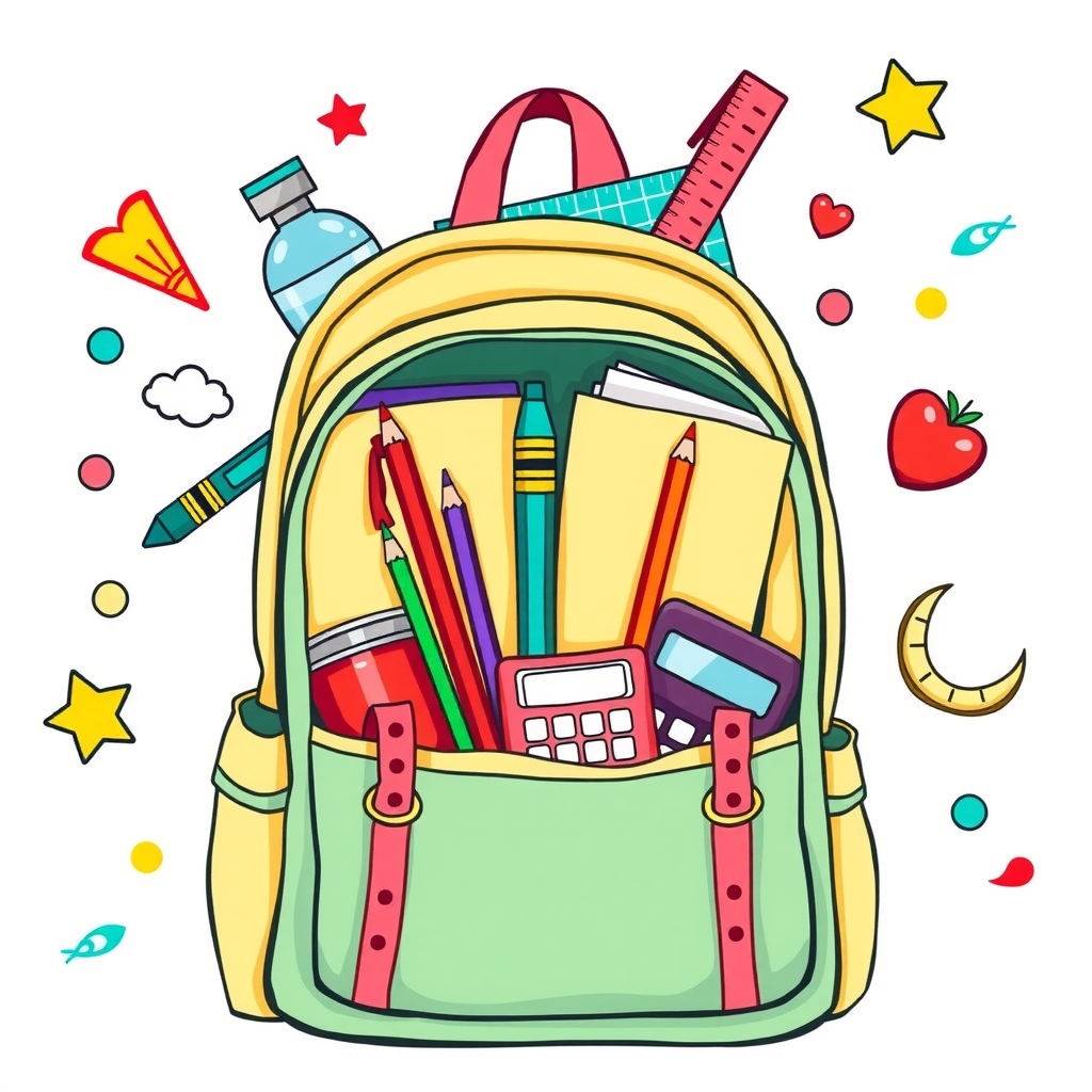 Hero con mochila abierta mostrando todos los útiles esenciales en estilo ilustración