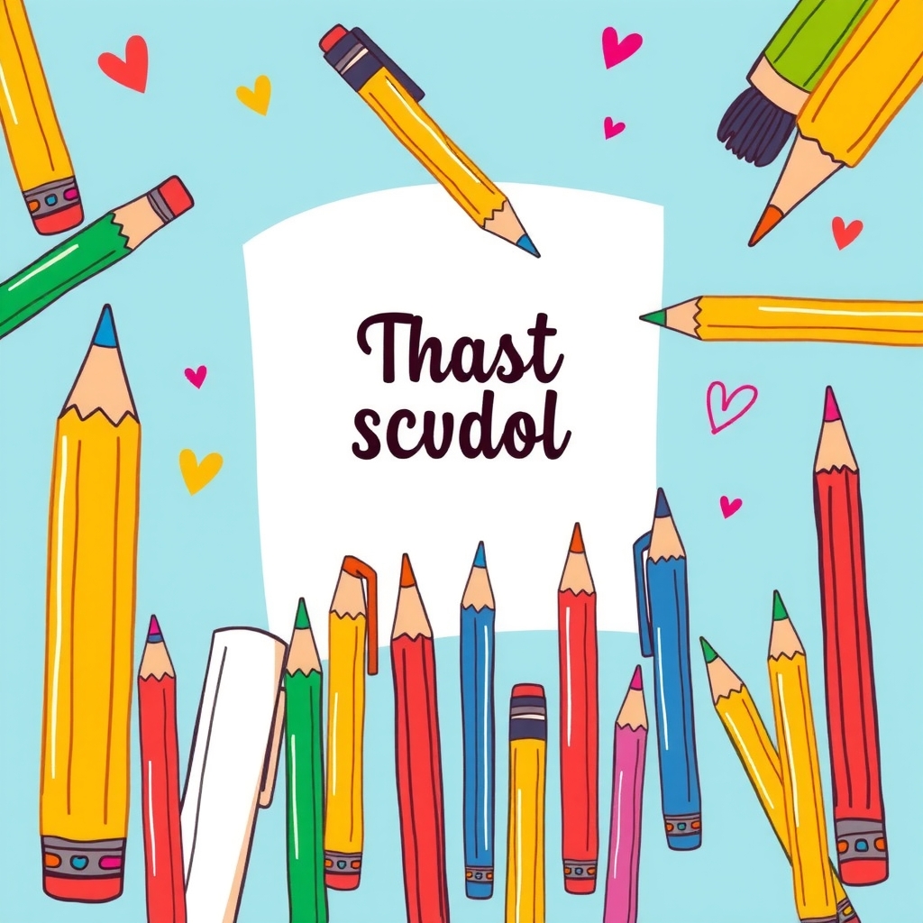 Ilustración de lápices y plumas de colores al estilo dibujo infantil