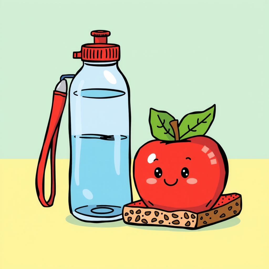 Botella de agua y snack saludable para la clase