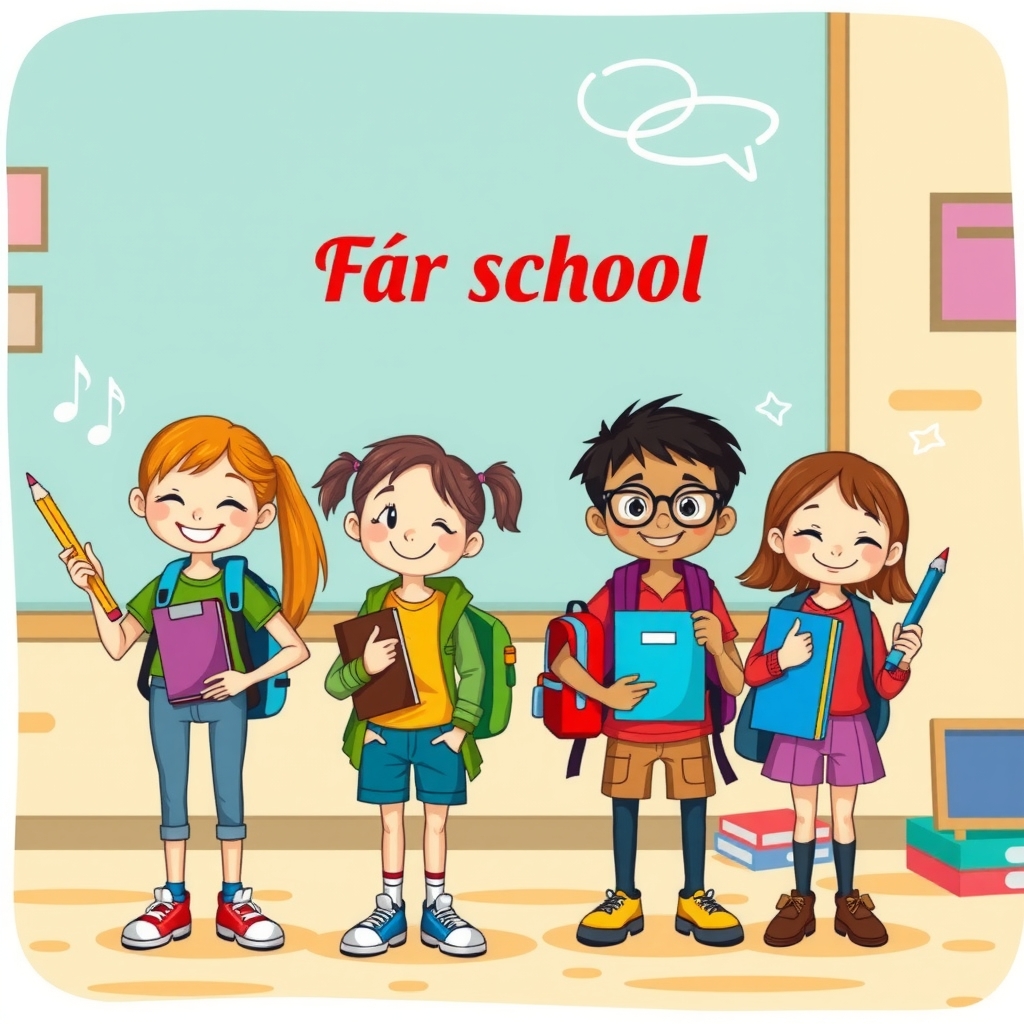 Imagen hero con personajes estudiantiles caricaturescos sosteniendo útiles escolares en un salón colorido