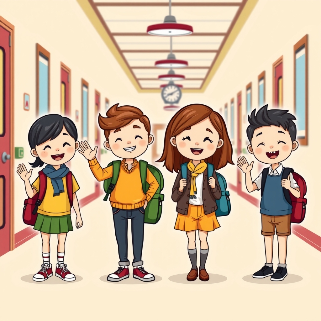 Grupo de personajes estudiantiles con mochilas y cuadernos