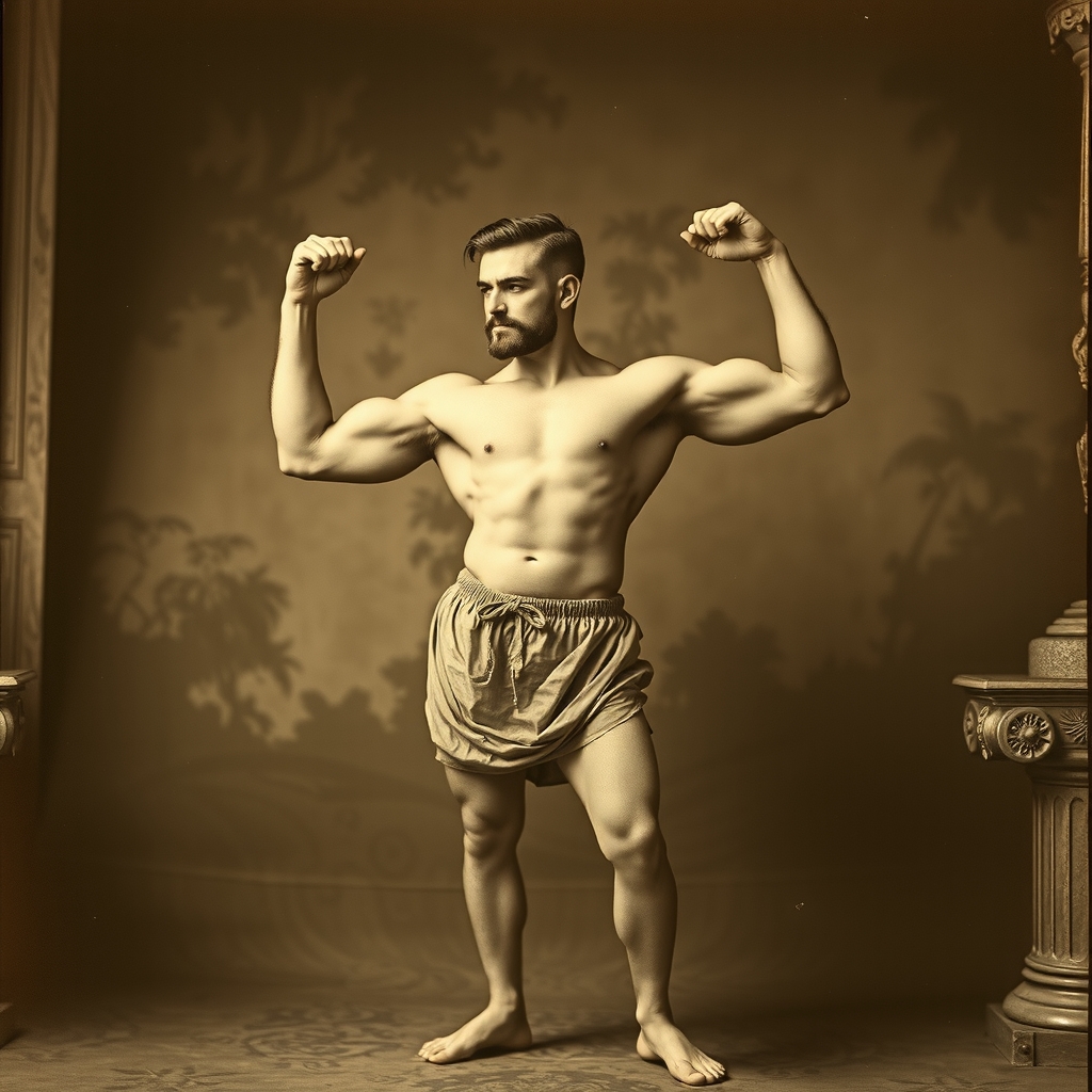 Hombre fuerte clásico en pose artística musculosa de época