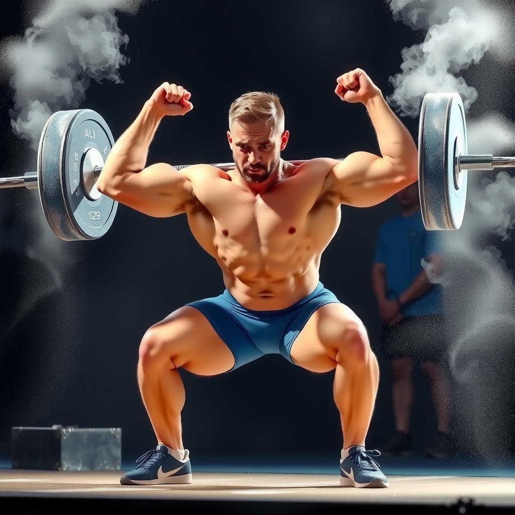 Atleta en la posición de rack del clean con barra en clavículas