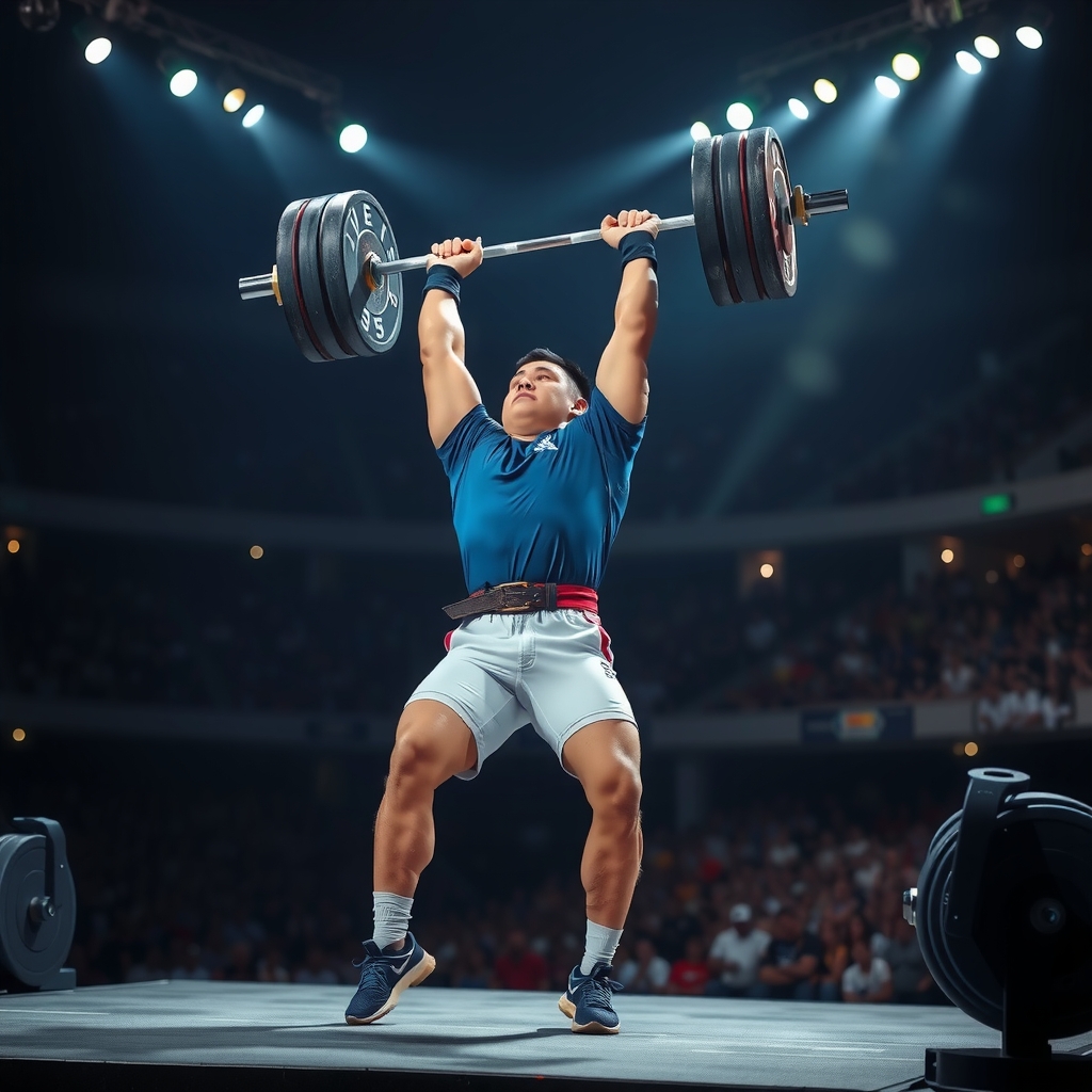 Atleta ejecutando el jerk con la barra en split overhead en competencia olímpica