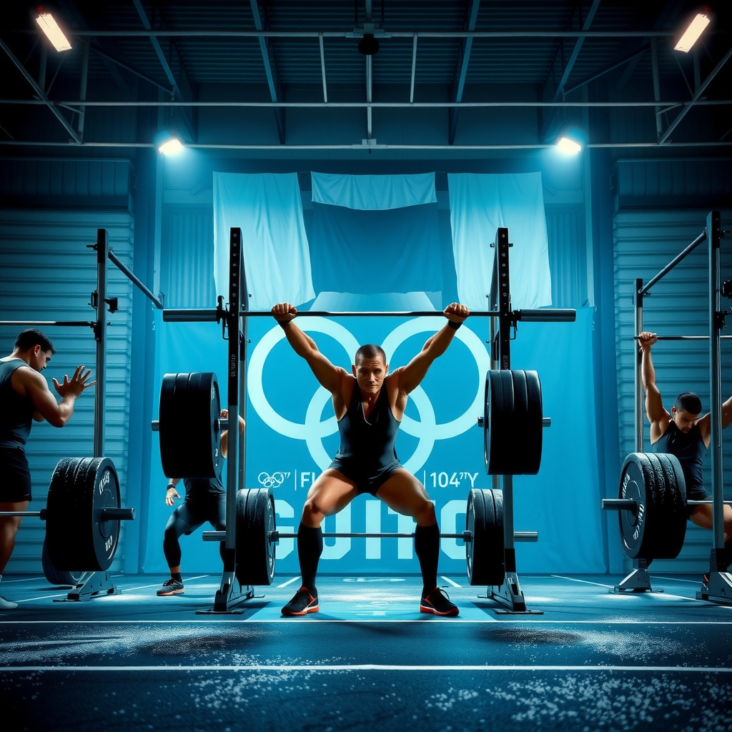 Vista de un gimnasio de halterofilia con atletas realizando distintos ejercicios complementarios