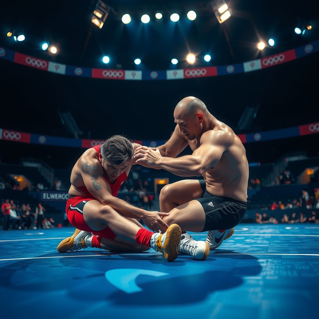 Imagen heroica de dos luchadores olímpicos en combate