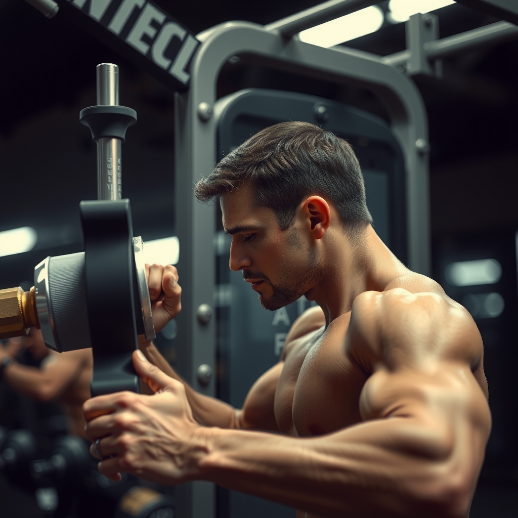 Atleta realizando una repetición superslow en una máquina de fuerza con máxima tensión