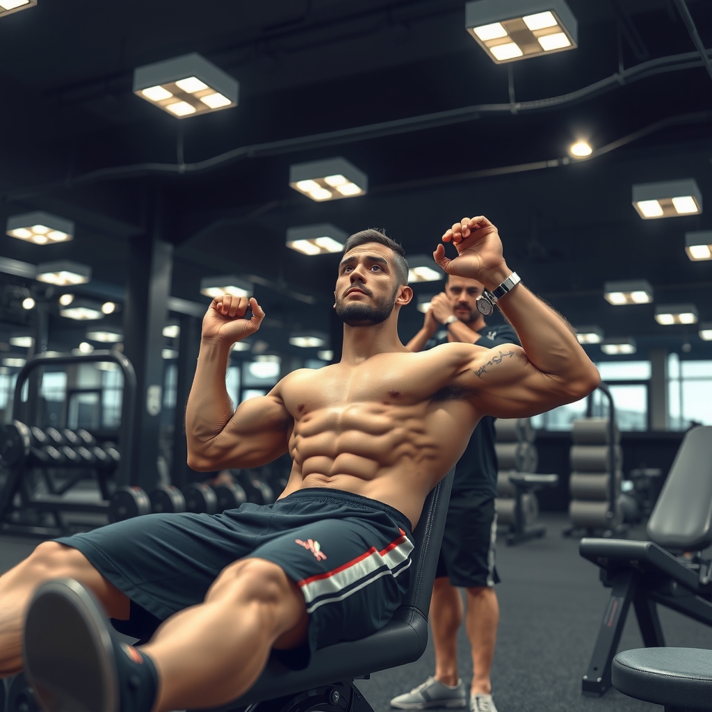 Atleta realizando press de banca con control preciso del tempo en gimnasio profesional