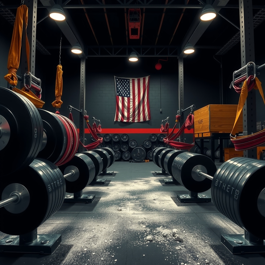 Gimnasio Westside Barbell con barras, bandas elásticas y equipo de powerlifting
