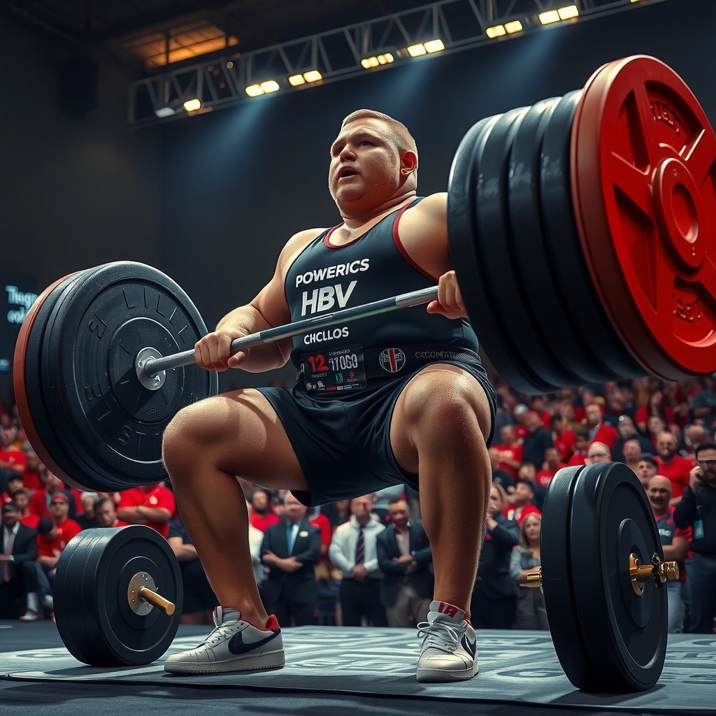 Levantador realizando una sentadilla máxima con equipo de powerlifting en competencia