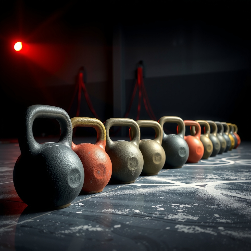 Kettlebells de diferentes tamaños en un gimnasio iluminado dramáticamente