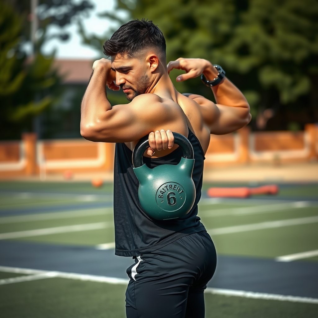 Atleta realizando un kettlebell swing con forma perfecta mostrando cadena posterior