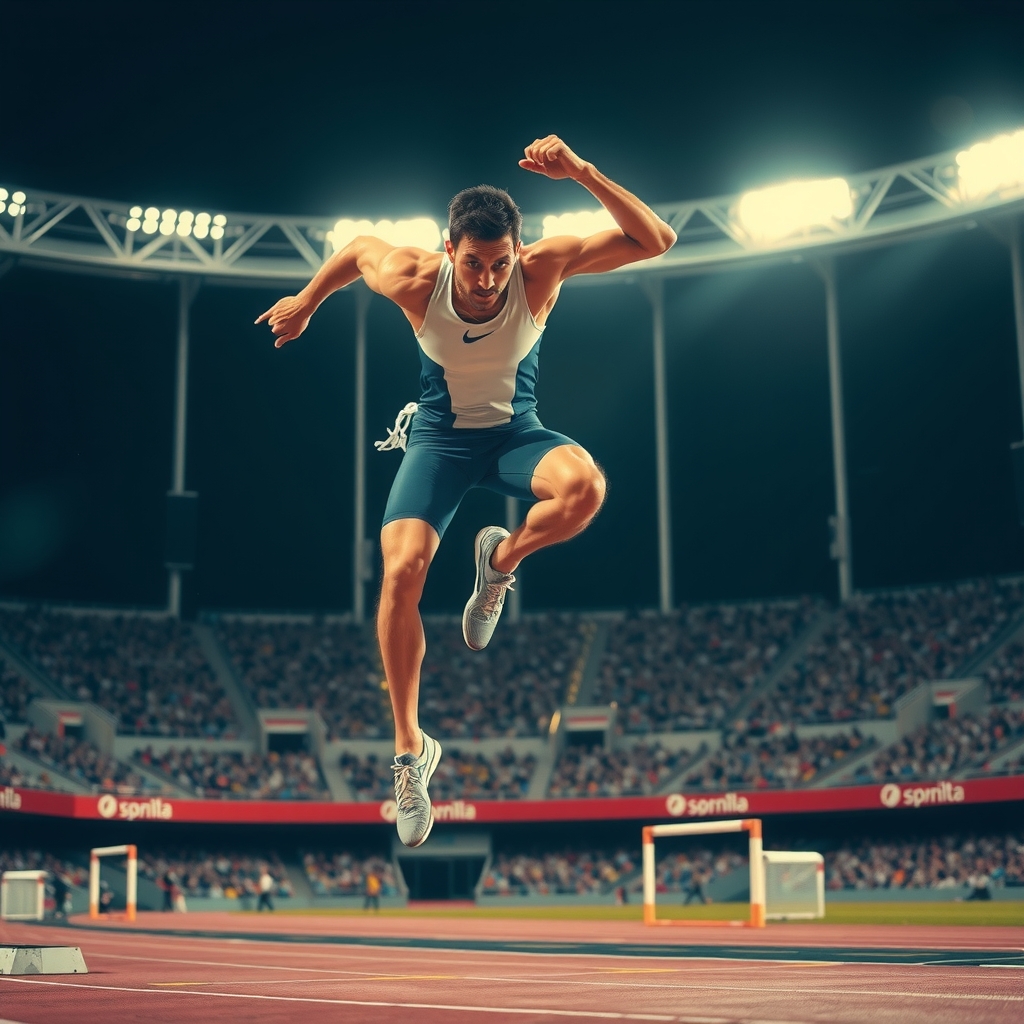 Atleta de salto de longitud en el momento de máxima potencia explosiva