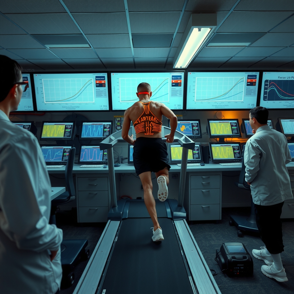 Atleta en laboratorio de rendimiento con sensores y pantallas