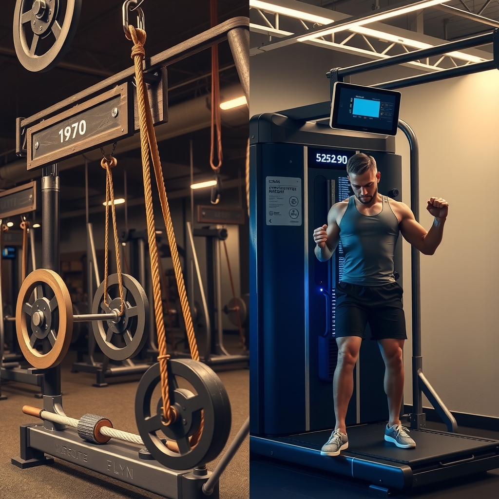 Hero visual mostrando máquinas modernas de entrenamiento con IA junto a una pesa antigua