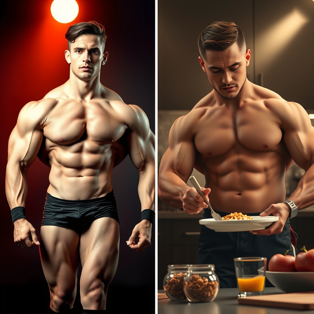 Hero: culturista preparando comida y mostrando físico musculoso