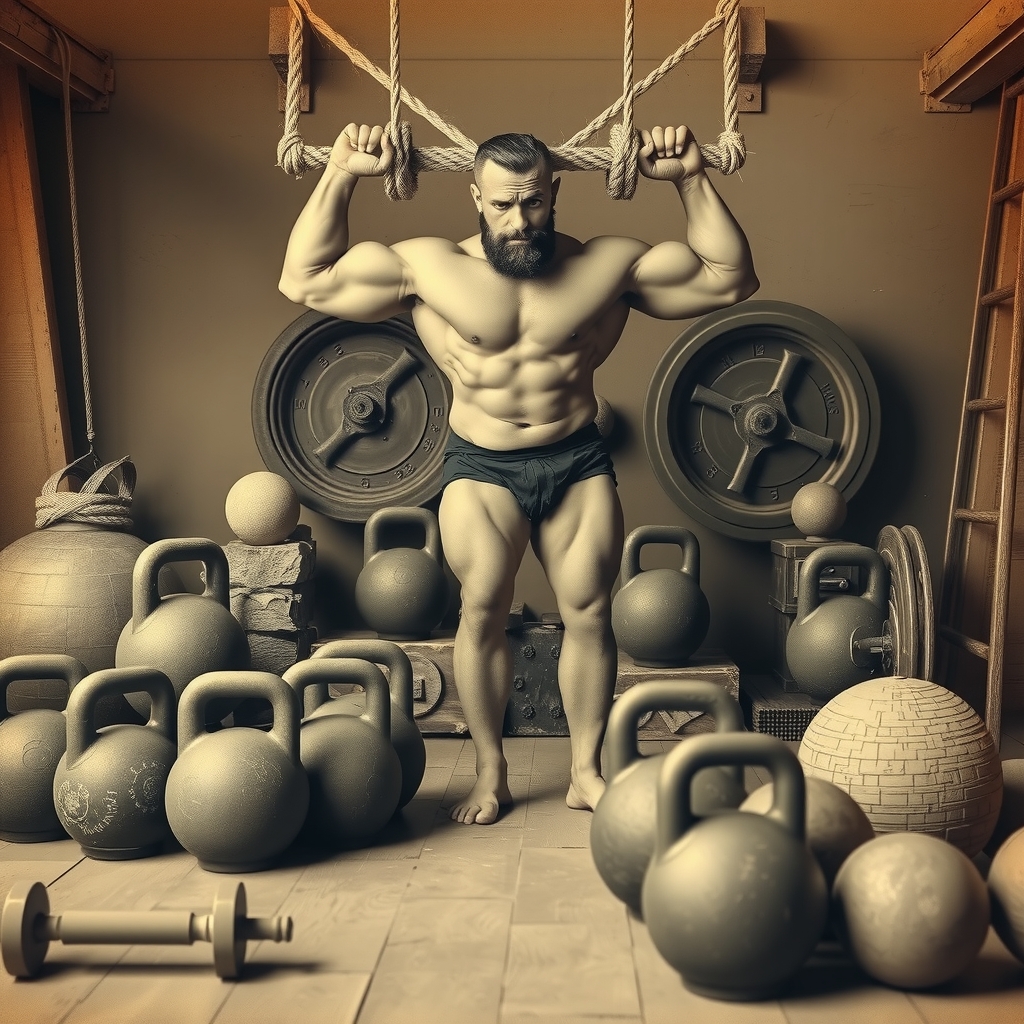 Hombre fuerte con implementos de entrenamiento históricos