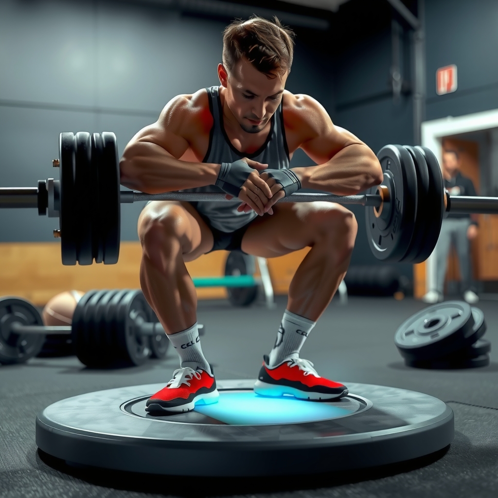Atleta realizando sentadilla profunda con análisis de CoP visible