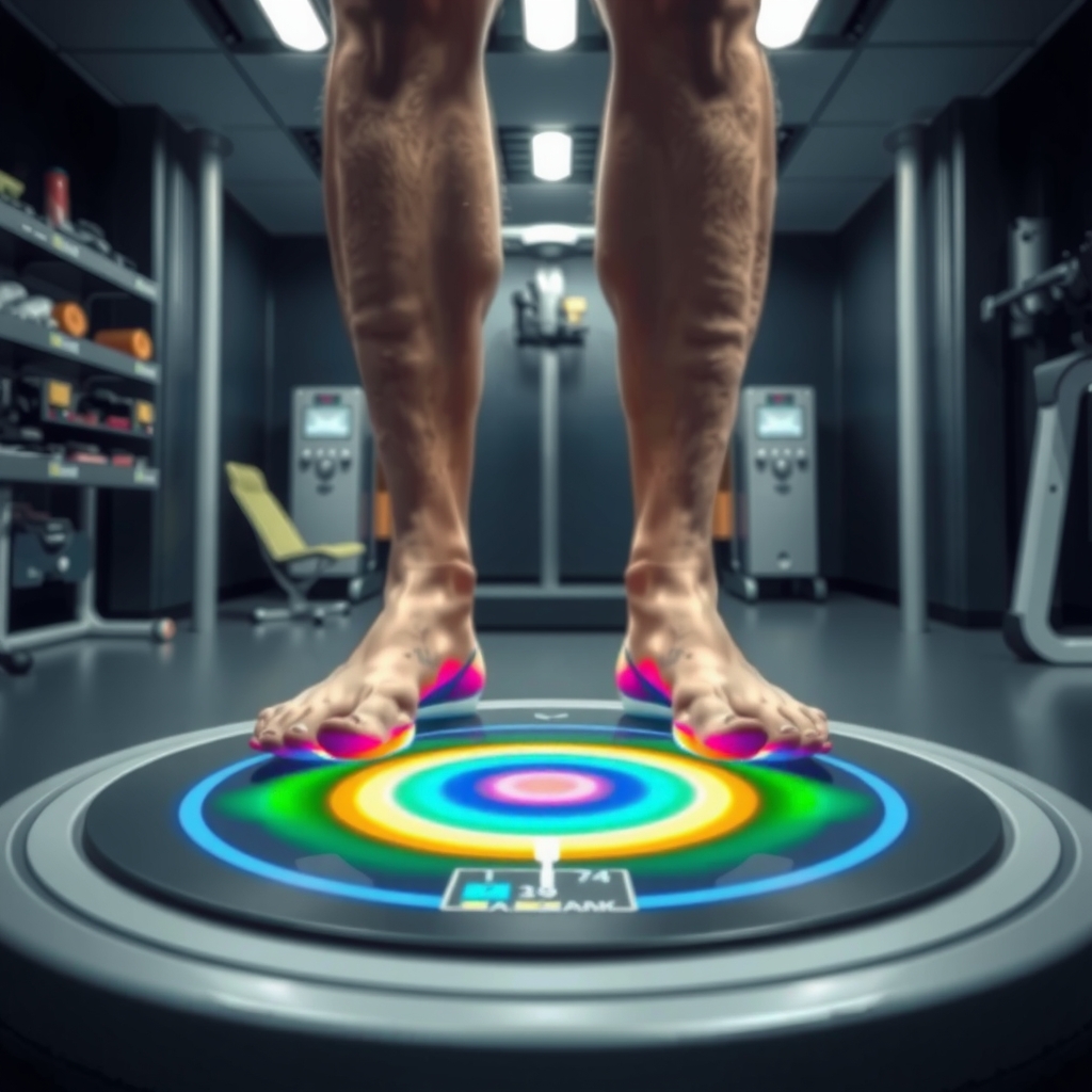 Plataforma de fuerza mostrando centro de presión bajo pies de atleta