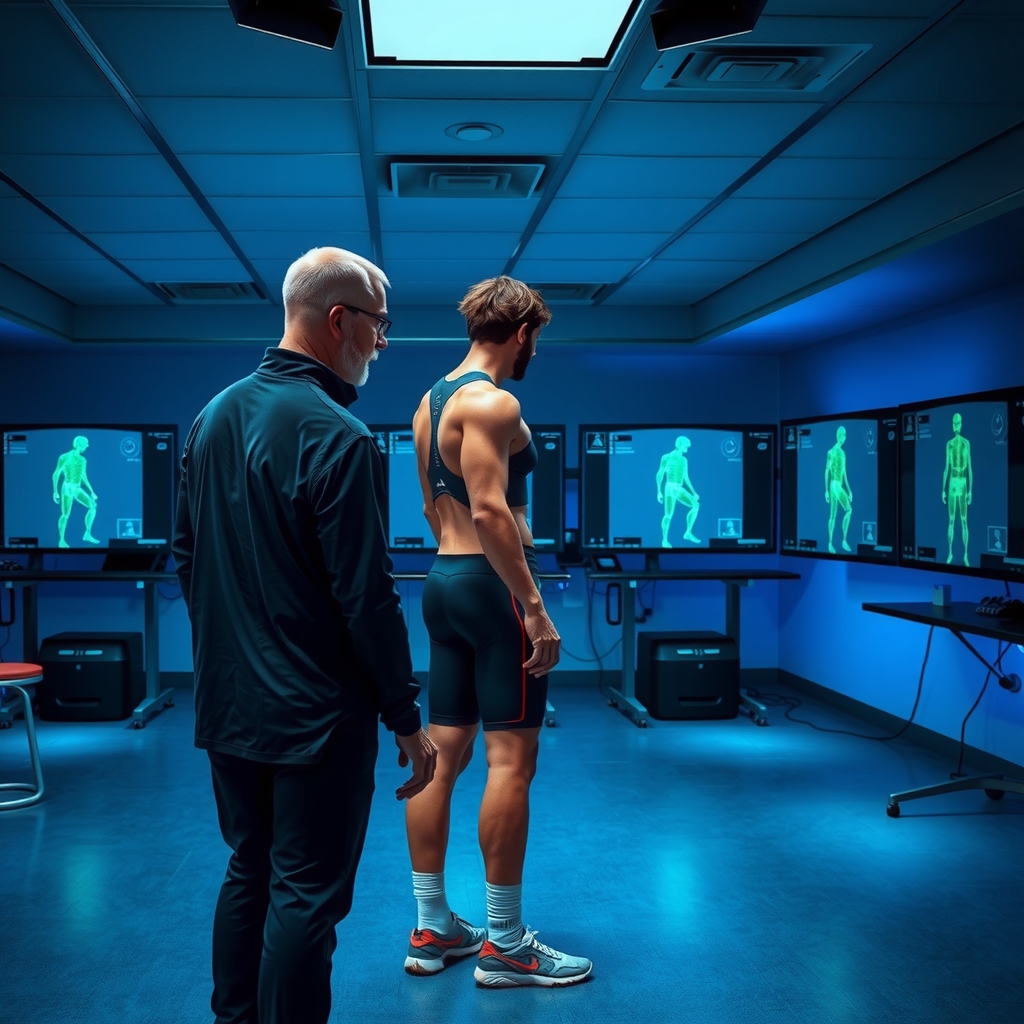 Entrenador y atleta analizando postura con tecnología de análisis de movimiento