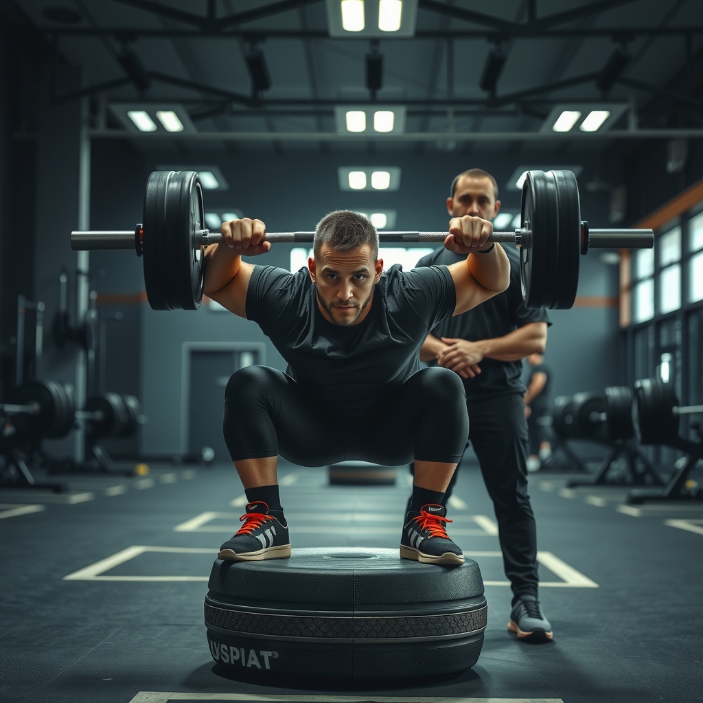 Atleta realizando sentadilla sobre superficie inestable para propiocepción