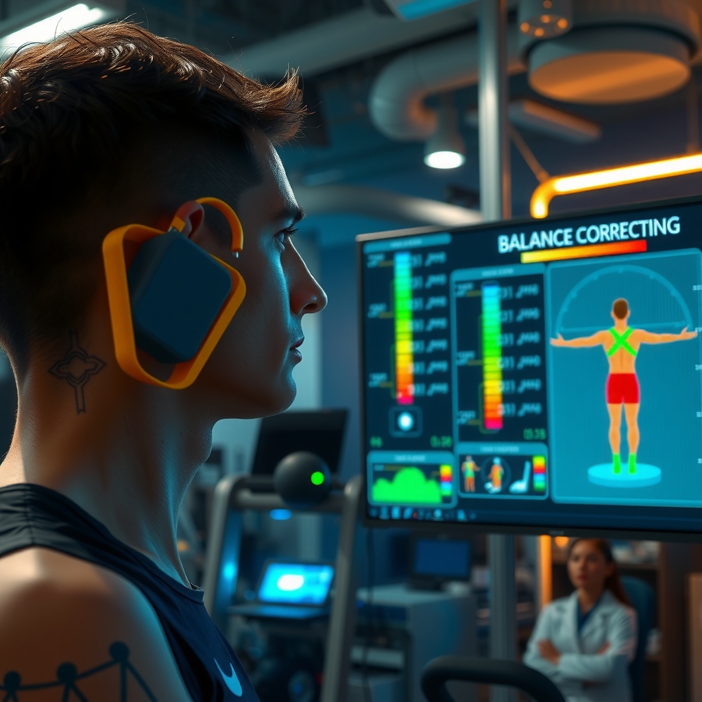 Atleta usando dispositivo de biofeedback auditivo durante entrenamiento postural