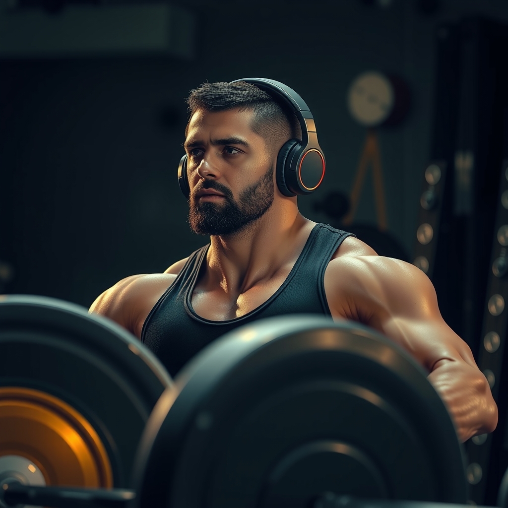 Atleta levantando pesas con auriculares, sincronía entre música y movimiento