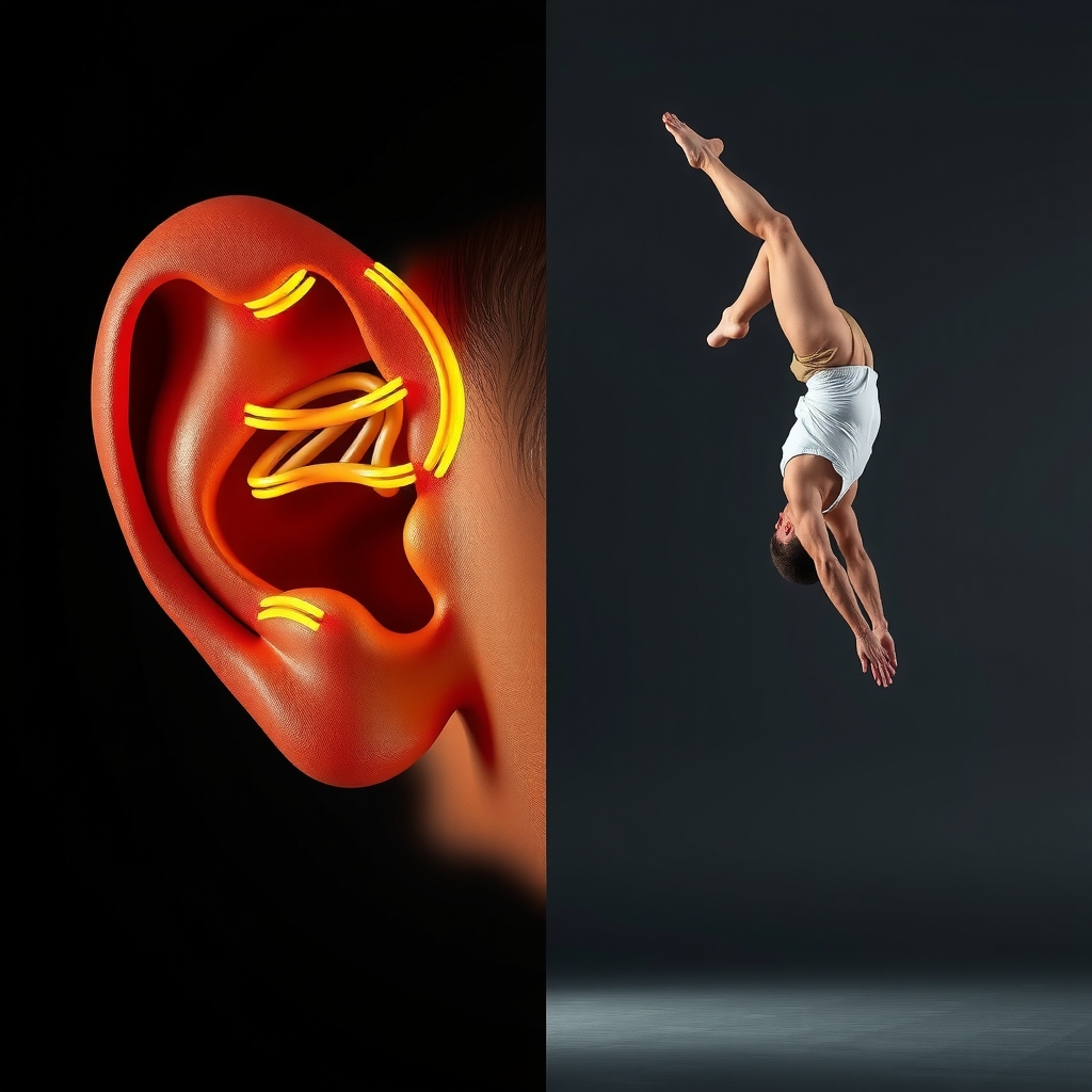 Ilustración anatómica del oído interno vestibular con atleta en fondo