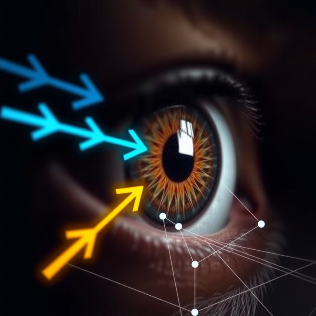 Primer plano de ojo humano con representación del reflejo vestíbulo-ocular