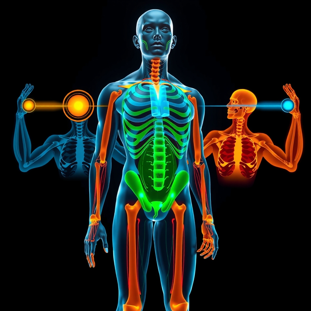 Diagrama visual de los cuatro sistemas sensoriales posturales sobre cuerpo humano