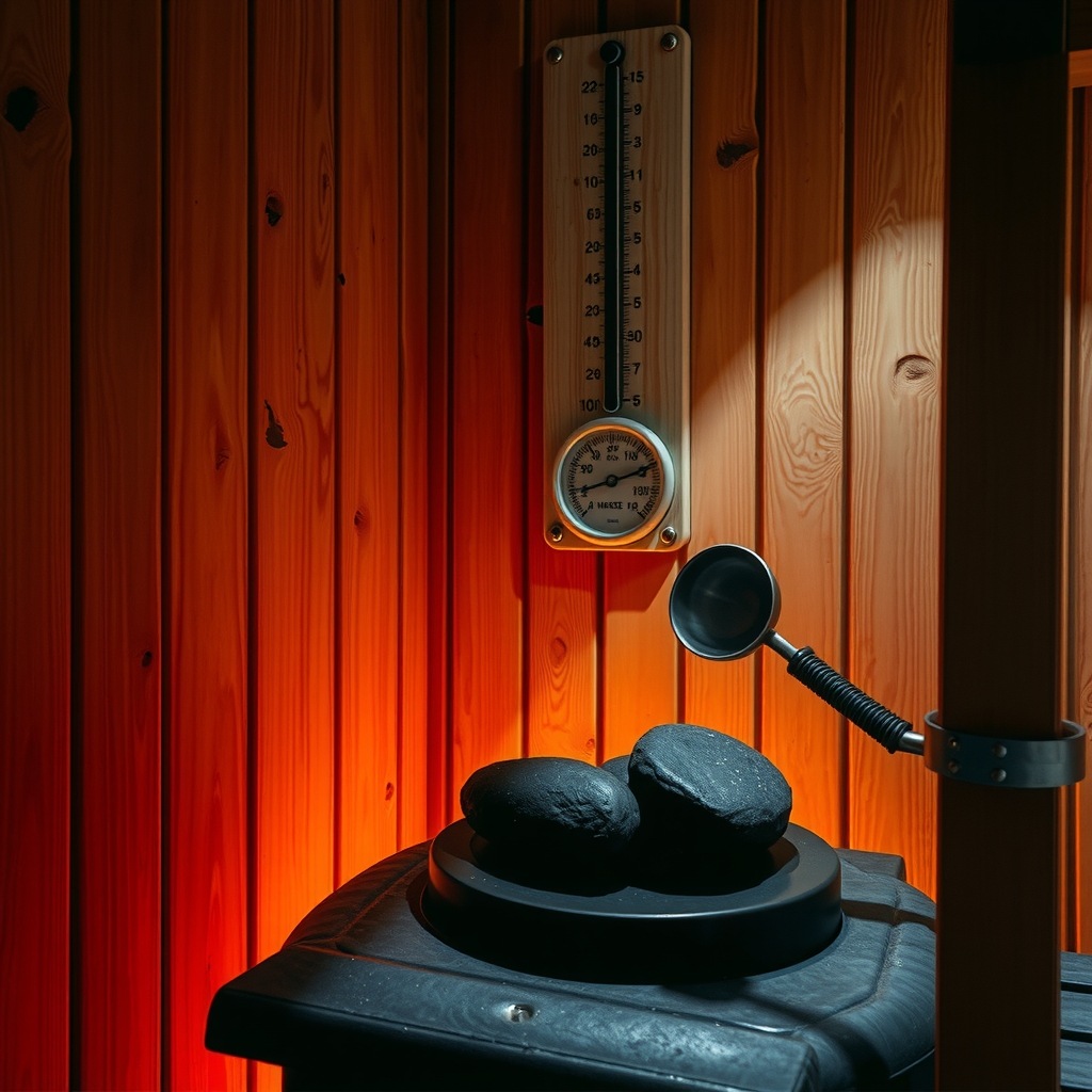 Interior de sauna seca con termómetro marcando alta temperatura