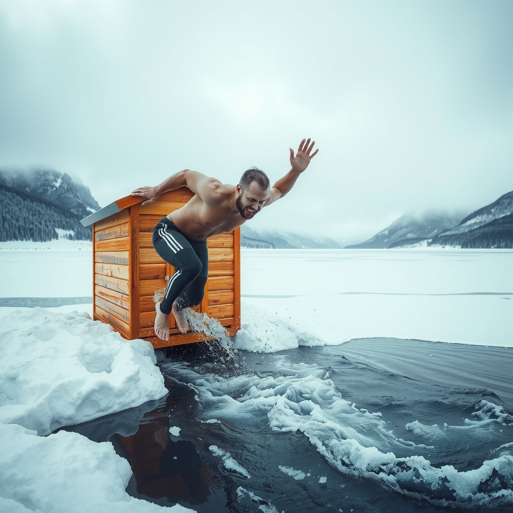 Atleta nórdico haciendo contraste calor-frío en la naturaleza