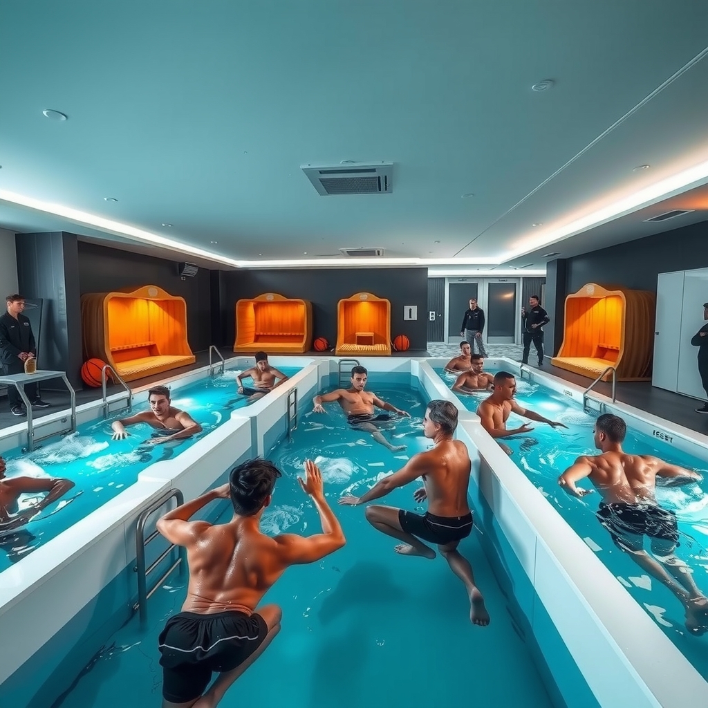 Equipo deportivo profesional en sala de recuperación con sauna y frío