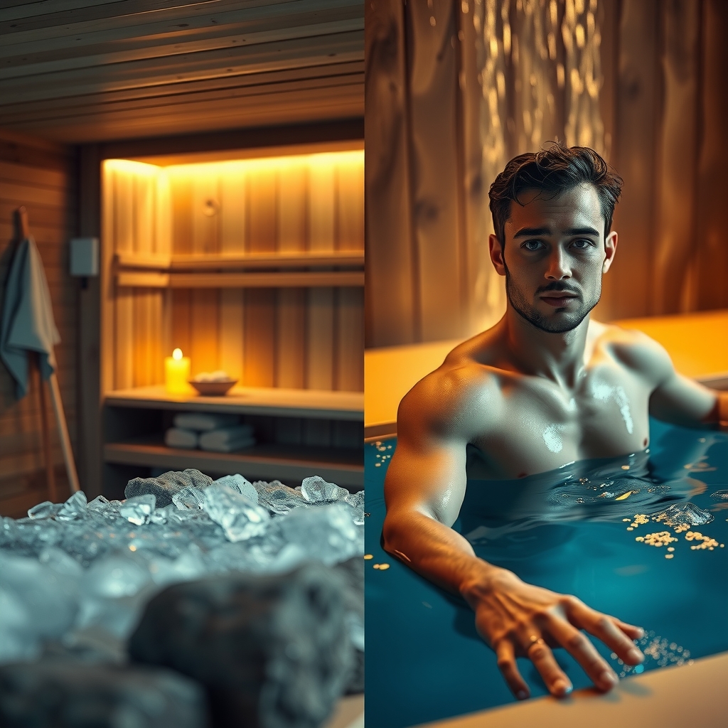 Hero impactante mostrando contraste entre sauna de madera y bañera de hielo