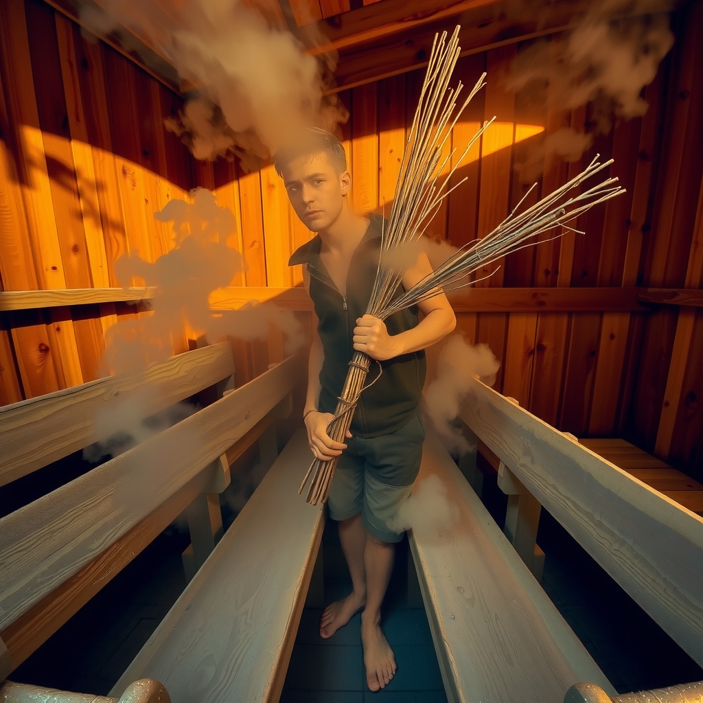Banya rusa con venik de ramas de abedul