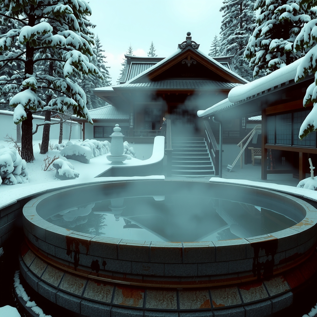 Onsen japonés natural con nieve