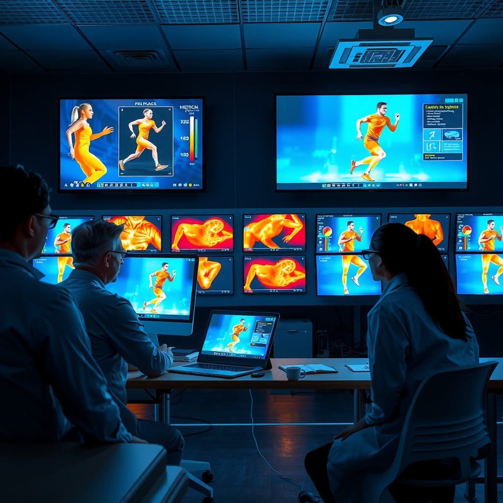 Laboratorio de ciencias del deporte con investigadores analizando datos