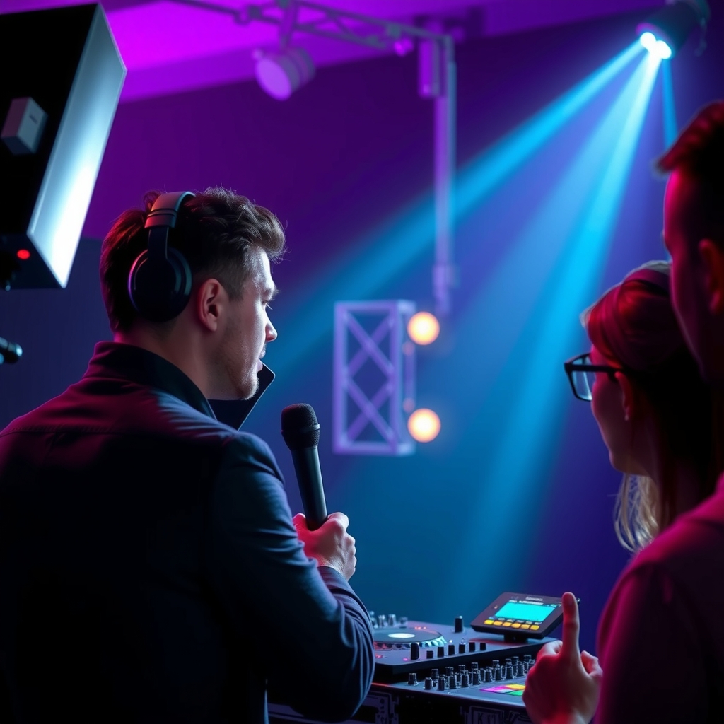 DJ performing behind decks at a large venue under dramatic stage lighting