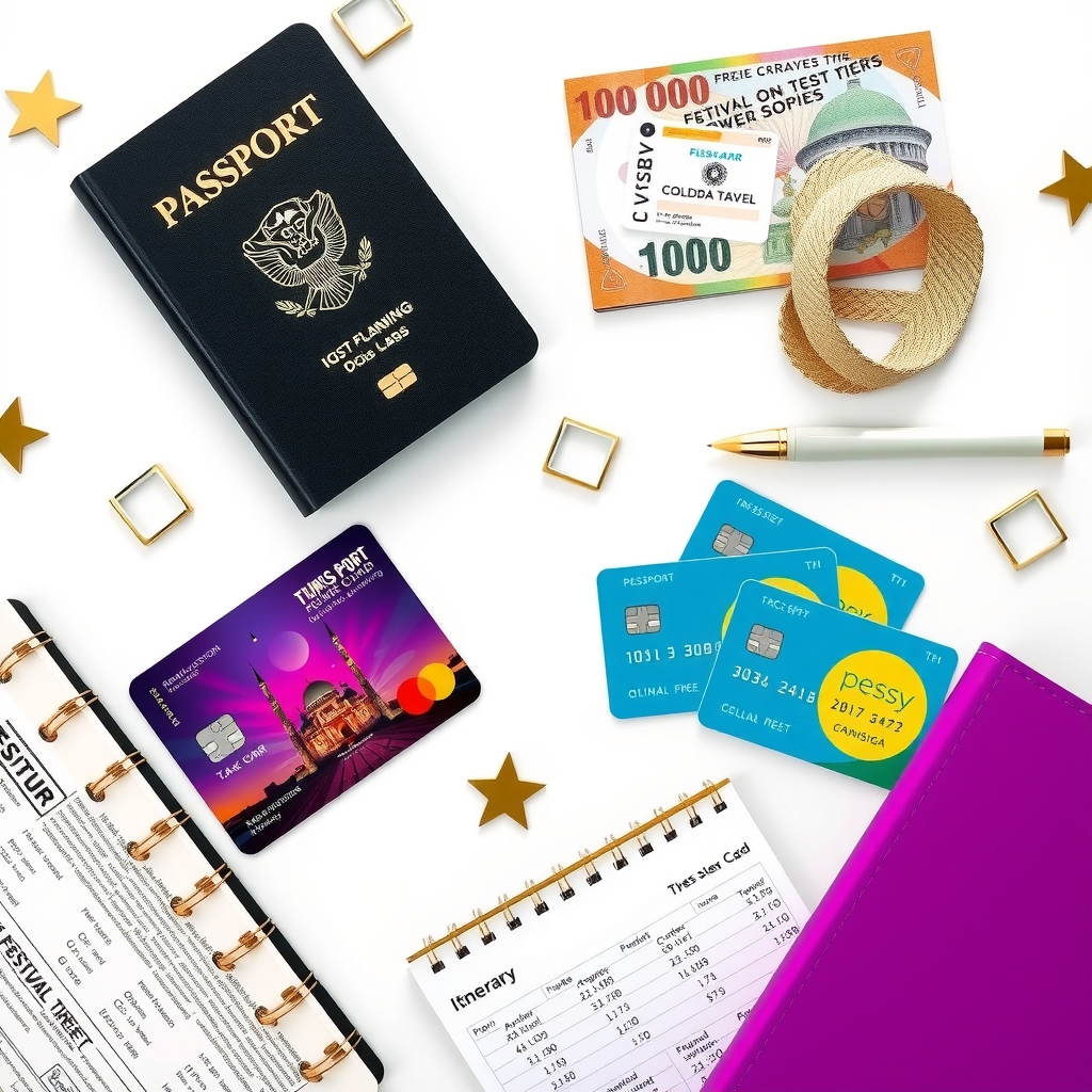 Budget planning notebook with travel costs and festival expense breakdown