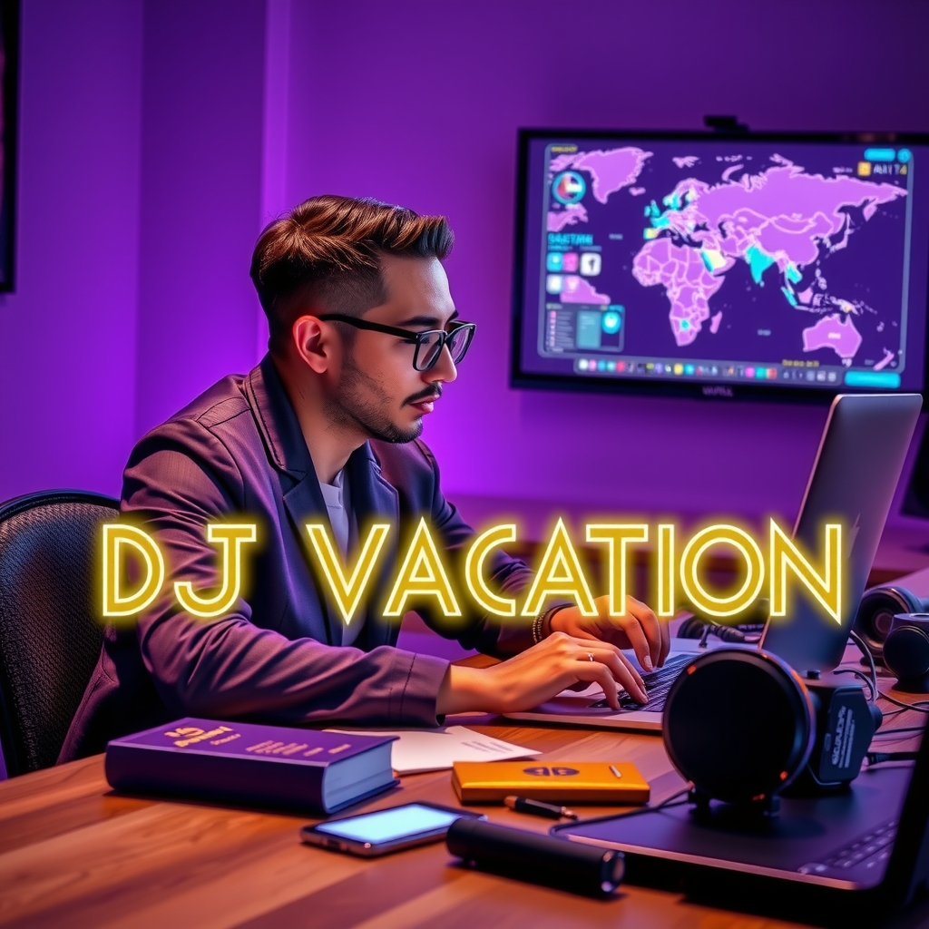 Travel booking desk with laptop, passport, and festival tickets — planning a DJ vacation