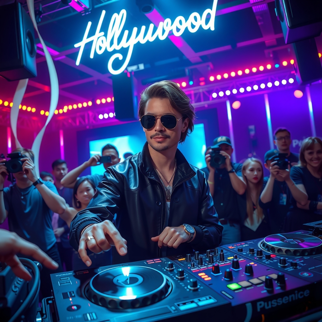 A celebrity standing confidently behind DJ decks, performing a live set for an energetic crowd