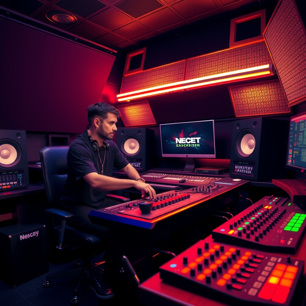 Professional recording studio lit in deep purple showing DJ mixing equipment and a production workstation