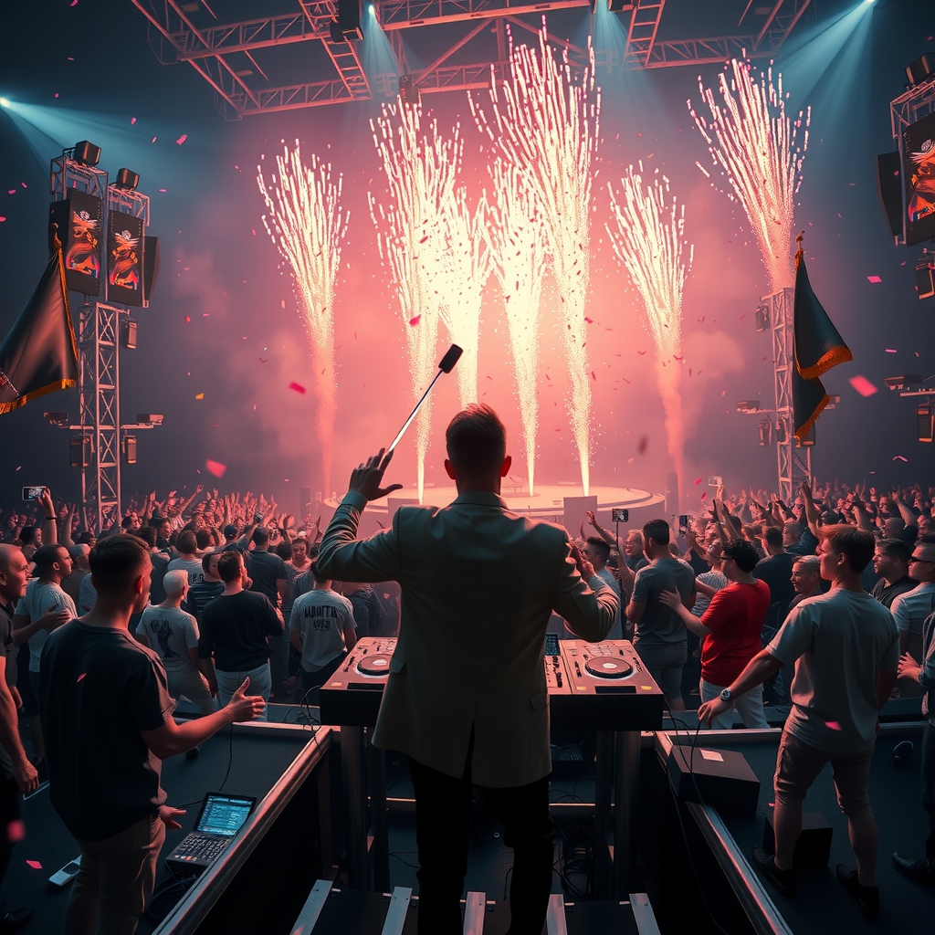 Panoramic view of a sold-out festival stage at night with dramatic multi-color lighting and a celebrity guest performing alongside the DJ