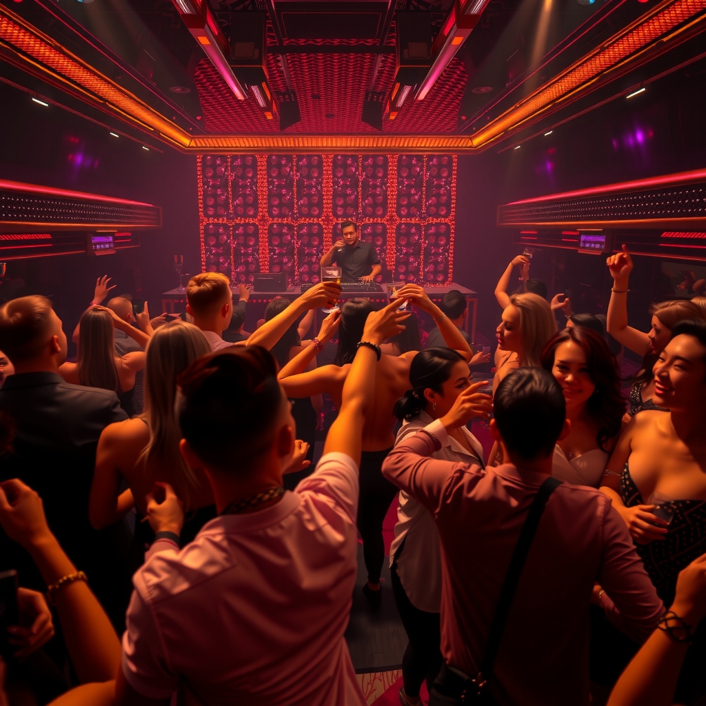 Interior of a high-end nightclub with layered colored stage lighting washing over a dancing crowd