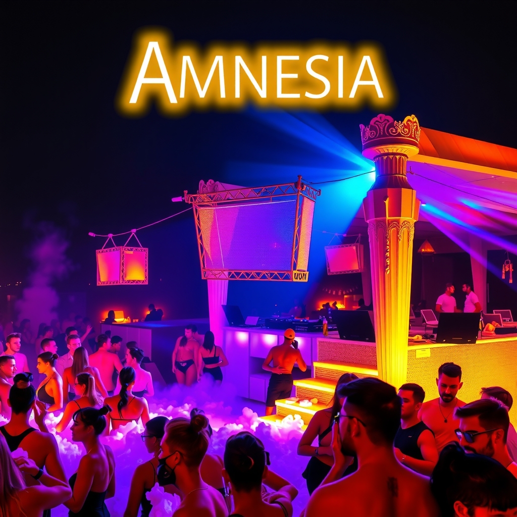 Amnesia Ibiza's legendary open-air terrace filled with dancers under a night sky