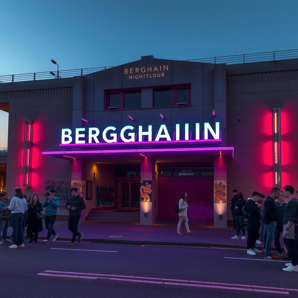 The industrial concrete exterior of Berghain club in Berlin at dawn with a queue forming