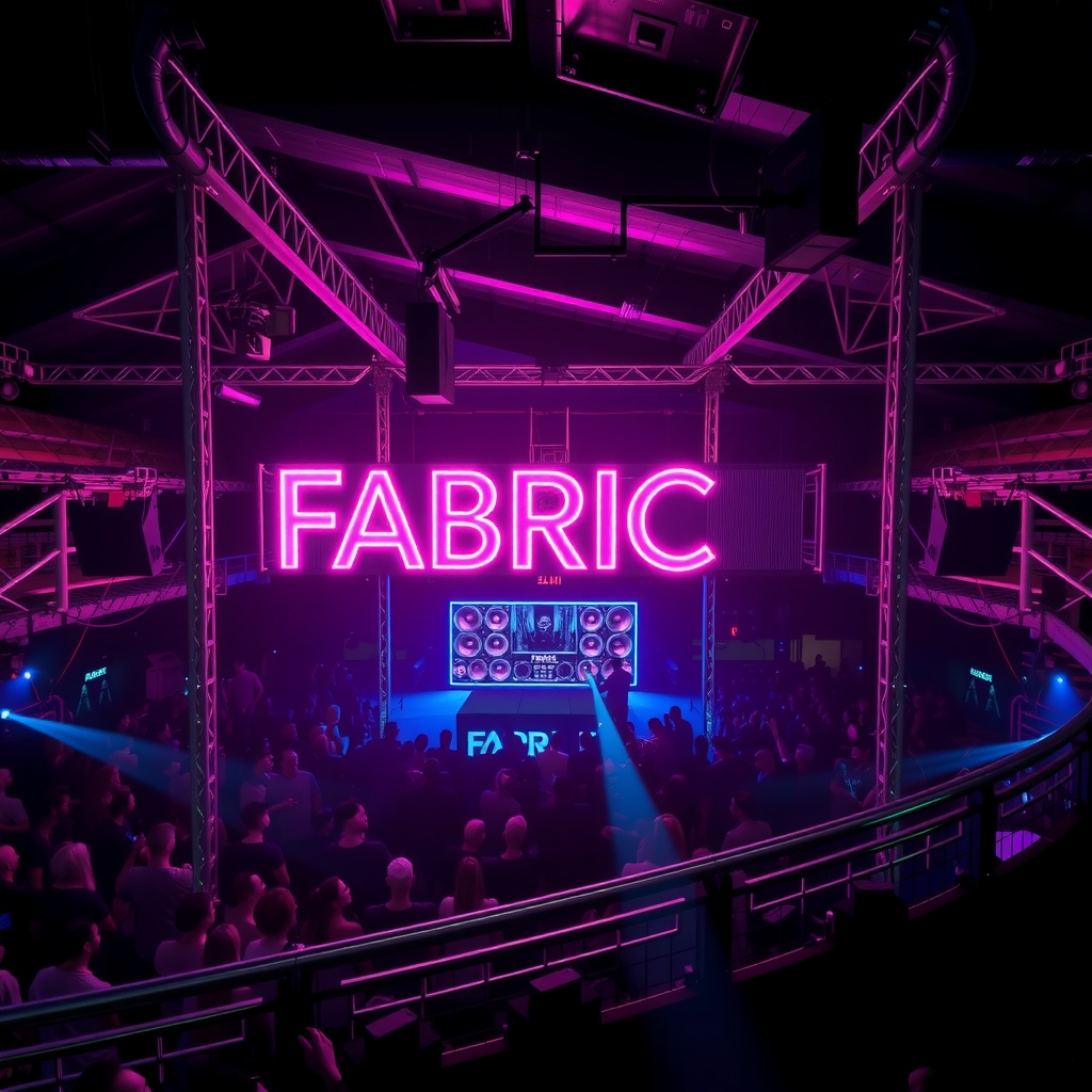Fabric London's main Room 1 dancefloor illuminated by atmospheric coloured lighting