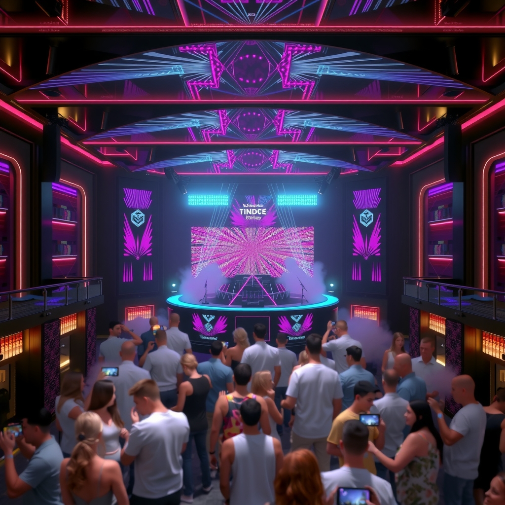 Dramatic interior of a world-class nightclub bathed in purple and cyan light with a packed dancefloor