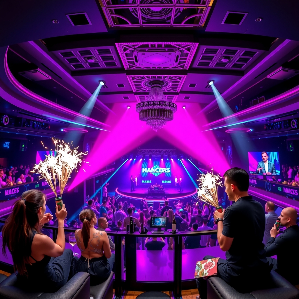 VIP table service with an illuminated bottle presentation in a luxury nightclub booth overlooking the dancefloor